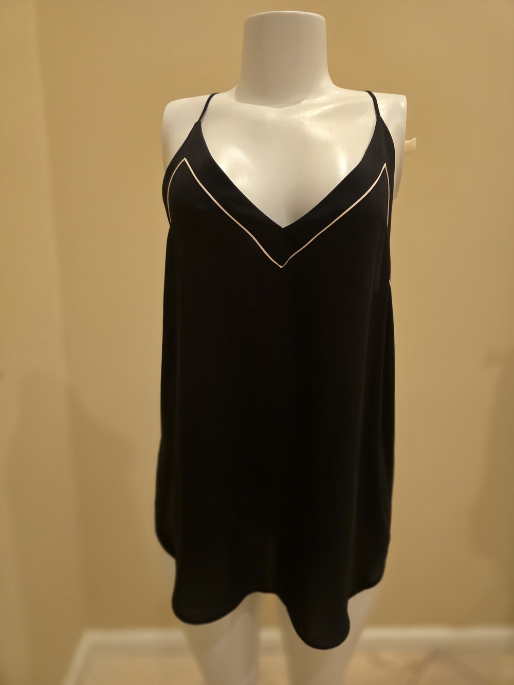 LOFT Black Spaghetti Strap V-Neck Cami with Cream Piping